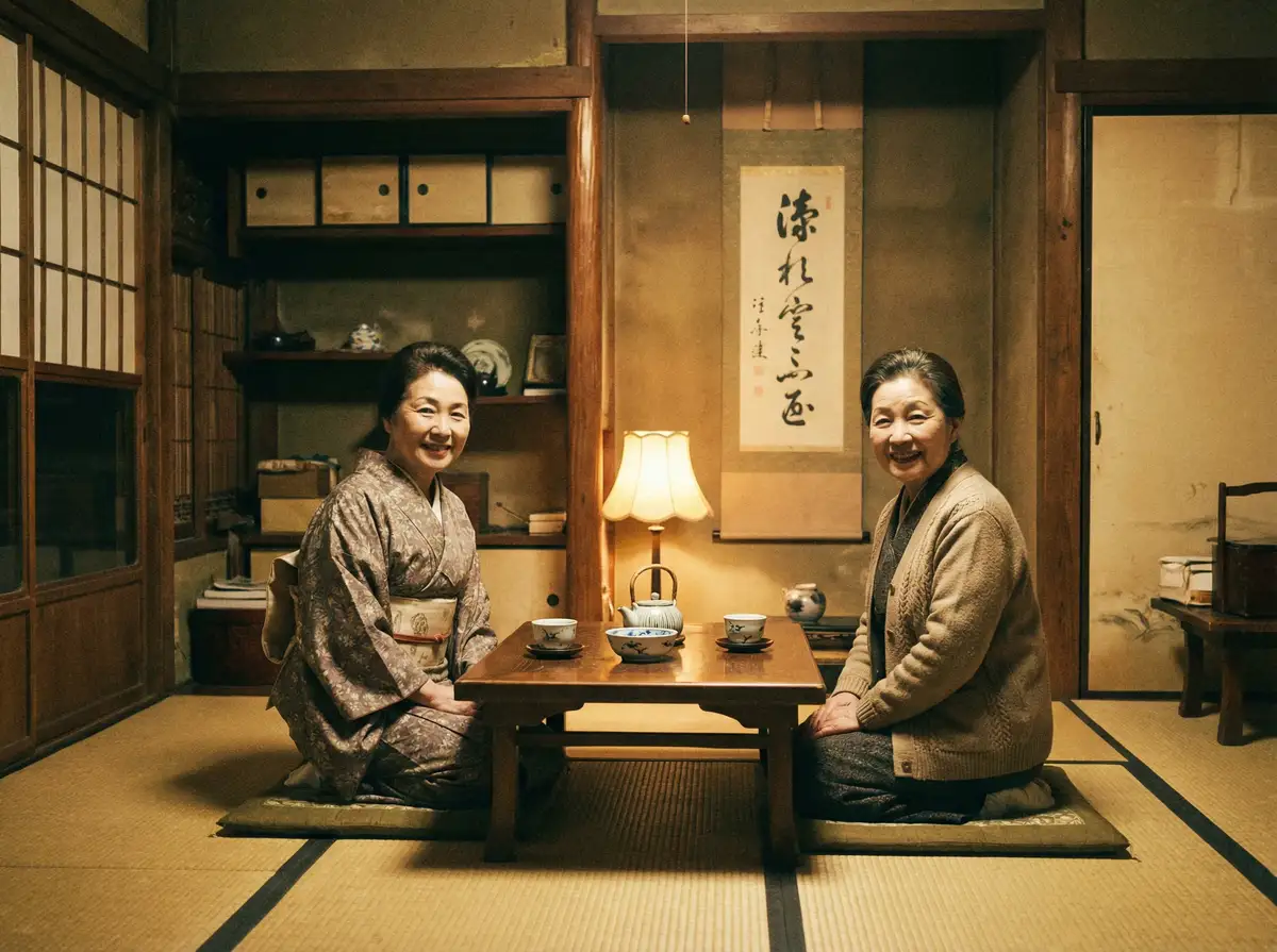 两位优雅的 抖阴 在日式茶室中品茶交谈